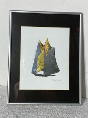 Vintage Raymond Cox Framed Hand Wrought Pewter Metallic Sailboat Wall Art